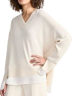 LAFAYETTE 148 Silk Charmeuse Trimmed Cashmere V-Neck Sweater iin Ivory - 2X
